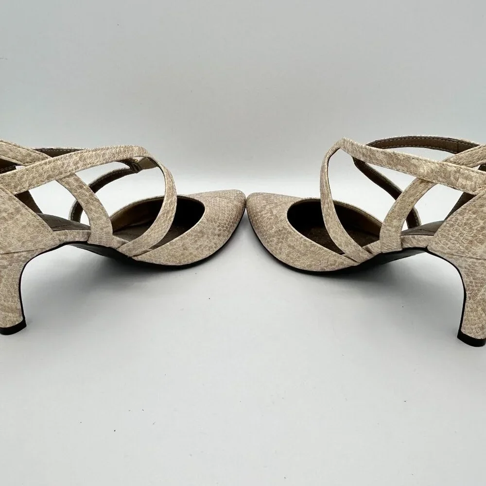 LifeStride Flex Seamless Beige Faux Snakeskin Heels Crisscross Strap 8.5 Pointed - Picture 7 of 9